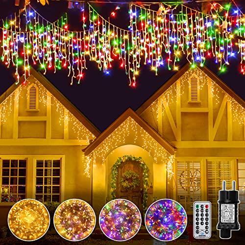 Ollny Eisregen Lichterkette Außen, 7.5m 51Saiten 306LEDs Weihnachtsbeleuchtung außen Eiszapfen Lichterkette Warmweiß Bunt