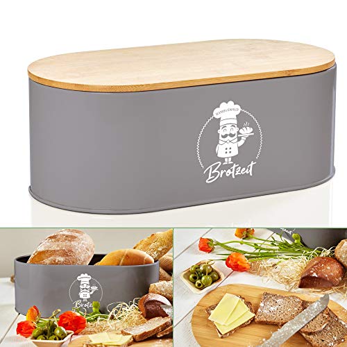 Bambuswald© Brotbox aus Metall mit ökologischem Deckel aus Bambus - ca 33,5x18x13cm | Brotkasten für Croissants, Brot o. Brötchen | Brotbehälter mit Küchenbrett | Aufbewahrung Vorratdose Brotdose