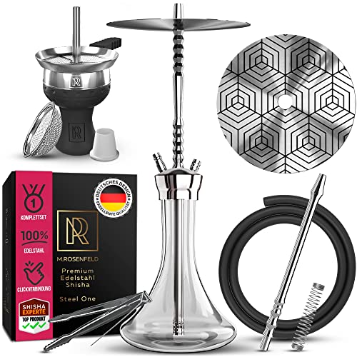 M. ROSENFELD Shisha Set - Steel One - Edelstahl Shisha Komplettset mit Premium Shisha Zubehör [Tonkopf, Kaminaufsatz, Schlauch mit Mundstück] - 70cm Wasserpfeife Mit Click Verschluss