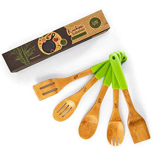 bambuswald© ökologisches 5er Set Küchenzubehör mit Silikongriff | Kochbesteck aus nachhaltigem Bambus - Pfannenwender Set Küchenhelfer Kochlöffel Küchenutensilien