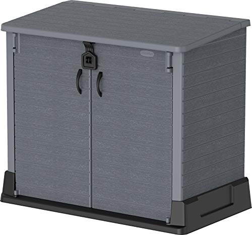 Duramax Cedargrain StoreAway 850L Plastic Garden Storage Shed - Outdoor Storage Bike Shed – Durable & Strong Construction – Ideal for Tools, Bikes, BBQs & 2x 120L Garbage Bins, 130 x 74 x 110 cm, Grey