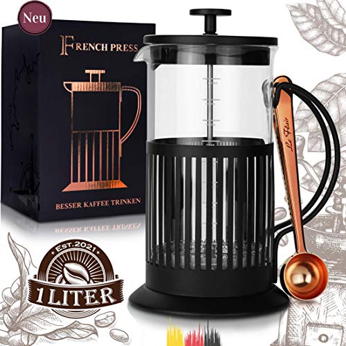 Le Flair® French Press schwarz für 1 Liter Kaffee - Tee Presskanne aus Glas mit Kaffeelöffel Kupfer - Kaffeebereiter inkl. Löffel Kaffee - Pressstempelkanne für Kaffeezubereitung - Kaffeeaufbereiter