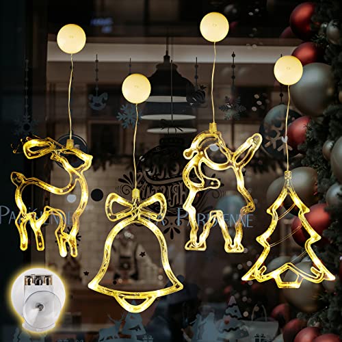 SALCAR 4er Set Fensterbilder Weihnachten LED Batterie mit Saugnapf, Fensterdeko Beleuchtet Hängend, Weihnachtsdeko Weihnachtsbeleuchtung Innen Fenster, Warmweiß [Energieklasse A+++] /  21 * 15 * 1 cm, mit 10 LEDs