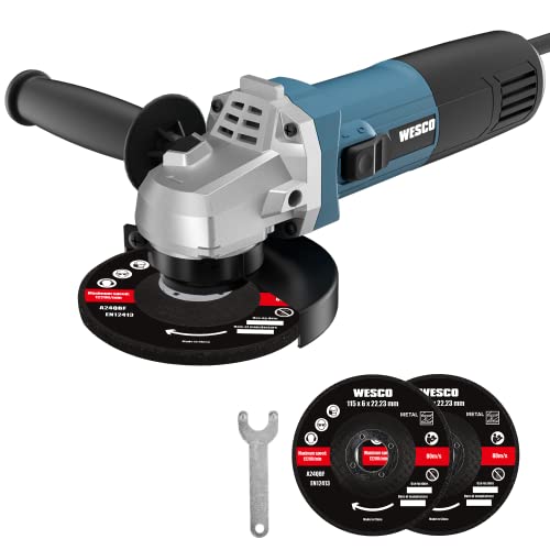 Winkelschleifer, WESCO 750W professional Trennschleifer mit 3x Scheiben-Ø: 115 mm für schleifen, 11000min-1 mit Zusatzhandgriff und Schutzhaube, ideal zum Schleifen und Schneiden, Geschenk für Männer