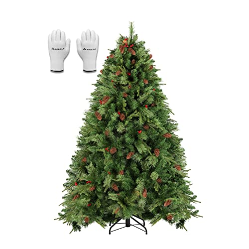 SALCAR Künstlicher Weihnachtsbaum 200 cm, Tannenbaum Künstlich aus PE & PVC, mit Handschuhen und Metallständer, Vordekorierten Tannenzapfen und Roten Beeren