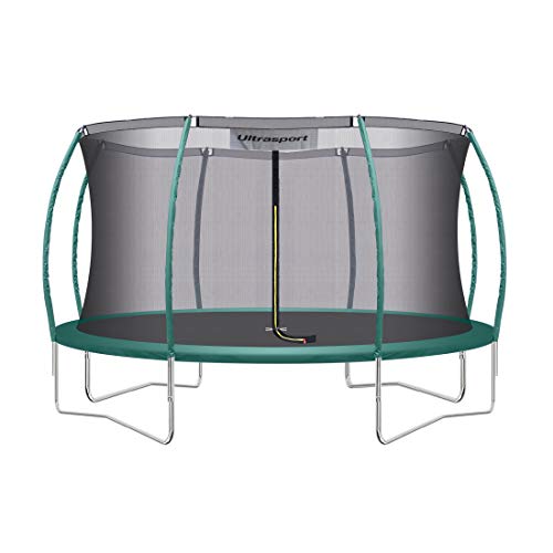 Ultrasport Trampolin, Ø 244/305/366/430cm , TÜV + GS zertifiziert, Sprungfedern, federlos, Elastik Seilsystem, rundes gartentrampolin, inkl. gepolsterten Stangen, Sicherheitsnetz und Randabdeckung