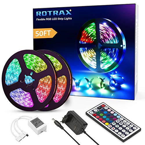 Rotrax LED Strip RGB 15m LED Streifen SMD 5050 Leds mit Netzteil, Fernbedienung Led Lichtband für Wohnhaus,Küche und Deko Party [Energieklasse A+]