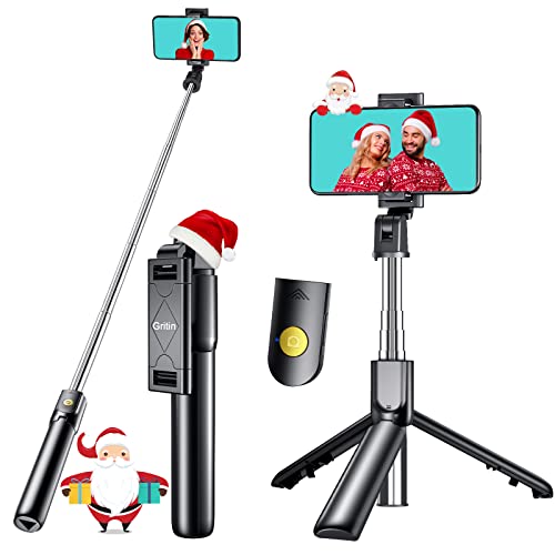 Bluetooth Selfie Stick Stativ, Gritin 3 in 1 Erweiterbar Selfie-Stange Stab mit Kabelloser Fernbedienung Tragbar Monopod Handyhalter mit Tragtasche für iPhone 14/13/12, 4,7 bis 6,5 Zoll Smartphones