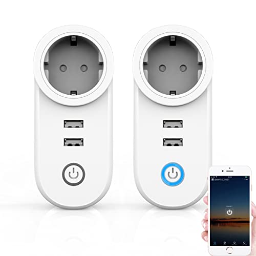 Smart Wifi Steckdose, WLan 2,4Ghz Switch, Intelligente Zeitschaltuhr Wecker, Smart Home Fernsteuerung 10A, Kompatibel mit Alexa&Google Home (2xUSB Wifi Steckdose(2Pack))