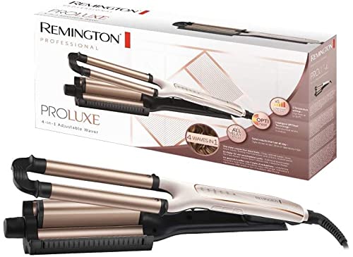 Remington Welleneisen ProLuxe 4-in-1 Lockenstab [Testsieger]: Beach Waves, natürlich Wellen, Wasserwellen, Mermaid-Waves (Dig. Display, Temperatureinstellung bis 210° C) Kreppeisen, Multistyler CI91AW