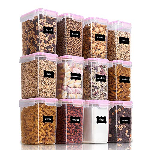 Vtopmart 1.6L Vorratsdosen Set, Müsli Schüttdose & Frischhaltedosen, BPA frei Kunststoff Vorratsdosen luftdicht,Trockenfutterbehälter, Satz mit 12, 24 Etiketten für Getreide, Mehl, Zucker usw (Rosa)