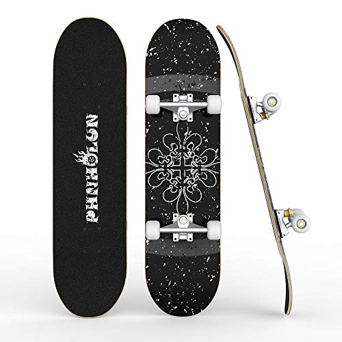 PHNHOLUN Skateboards for Beginners, 31 x 8 Inch Complete Skateboard with ABEC-7 Bearings and 95A Wheel, 8 Layer Hard Maple Deck for Teenagers and Adults, Double Kick Deck Concave Cruiser Trick Skull