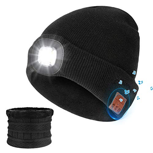 LINGSFIRE Bluetooth Beanie Mütze mit LED Scheinwerfer und Schal, Warme Strickmütze Mütze mit Kopfhörern Bluetooth, Laufen, Skifahren, Radfahren Mütze mit Bluetooth Herren und Damen Geschenk