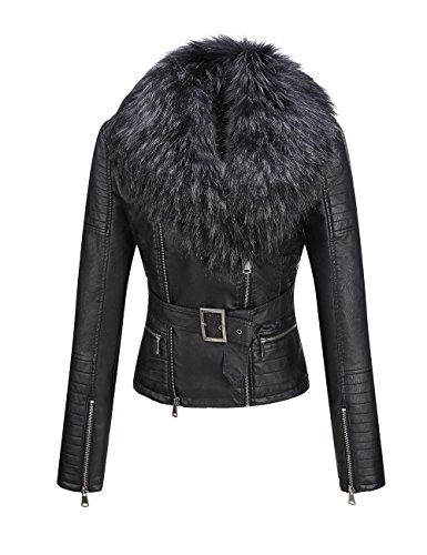 Giolshon Damen Kunstlederjacke Moto Biker Warme Winterjacket mit Kunstpelzkragen / Größe: XL