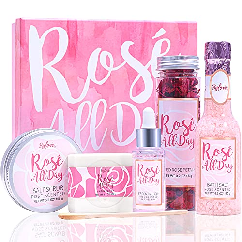 Gift Set for Women, Beauty Gifts for Women, Spa Basket with Rose, Spa Ladies Gift Set with Bubble Bath, Bath Salt, Soap, Salt Scrub, Spoon Spa Wellness Set for Women, 5 Pieces