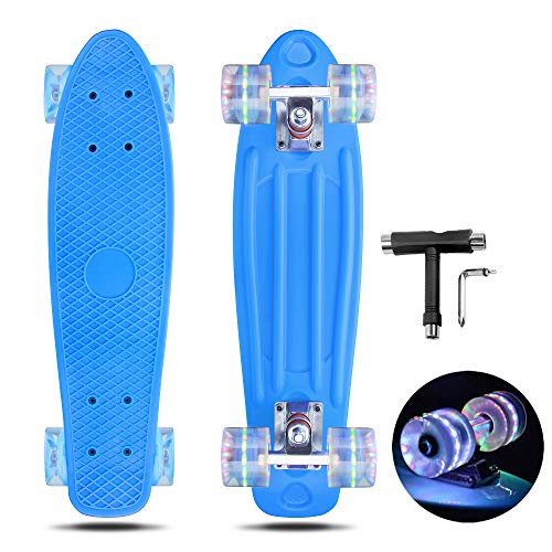 Vernbrin Skateboards Mini Cruiser Retro Skateboard, Complete Plastic Skateboard Penny Board 22 Inch for Beginners Teenagers Adults, LED Light Wheels with All-in-One Skate T-Tool