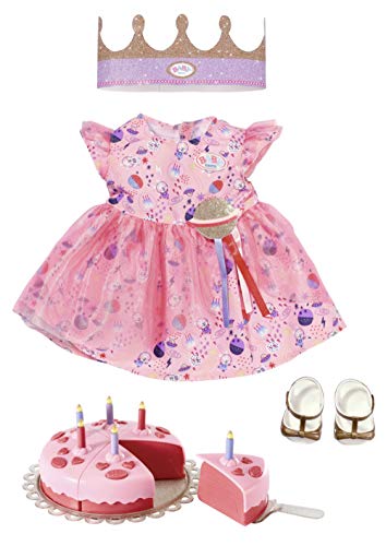 Zapf Creation 830789 BABY born Deluxe Happy Birthday Set 43 cm - Geburtstags-Set für Puppen mit rosa Puppenkleid und Schuhen, inklusive Krone und Torte mit 6 Kuchenstücken