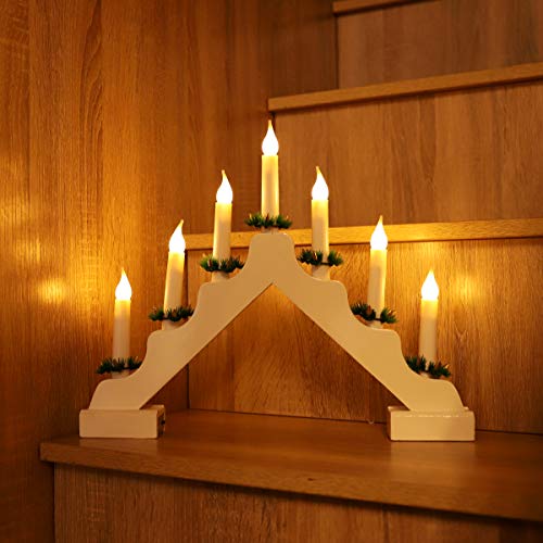 SALCAR Lichterbogen Weihnachten LED mit 7 Kerzen in Warmweiß, Adventsleuchter Kerzenbogen Batterie aus Holz, Schwibbogen Weihnachtsdekoration Deko Innen, Weiß
