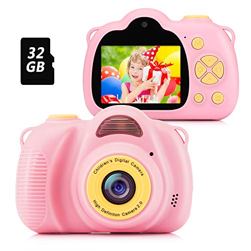 Fede Kinder Kamera, Digitalkamera Kinder Selfie Fotoapparat Kinder mit 2,0-Zoll-Großbildschirm 1080P HD 12MP 32GB SD-Karte Kamera Kinder, Lustige Geschenke Spielzeug für Mädchen Jungen Kinder