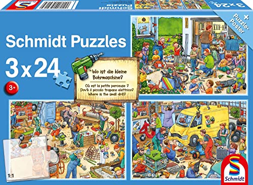 Schmidt Spiele 56417 Wo ist die kleine Bohrmaschine-3x24 Teile Kinderpuzzle, bunt, normal