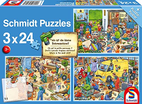 Schmidt Spiele 56417 Wo ist die kleine Bohrmaschine-3x24 Teile Kinderpuzzle, bunt, normal