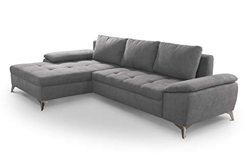 CAVADORE Schlafsofa Lina Ecksofa mit Schlaffunktion, Bettkasten, Longchair und Steppung im Sitz / 270 x 85 x 163 / Flachgewebe: Hellgrau