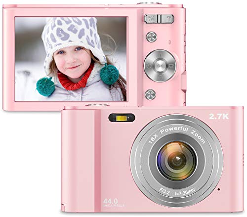 Vnieetsr Digitalkamera, 2,7K Full HD Fotokamera, 44MP 16X Zoom-Kompaktkamera mit 2,88 Zoll IPS-LCD-Bildschirmtaschenkamera für Kinder, Schüler, Schule, Kinder, Fotografie (Rosa)