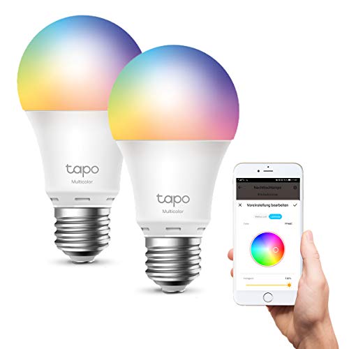 TP-Link Tapo smarthome E27 Glühbirne, alexa glühbirnen, Mehrfarbrige alexa smart lampe, alexa zubehör, kompatibel mit Alexa, Google Assistant, Tapo App, energiesparend, Kein Hub notwendig (2 Pack)