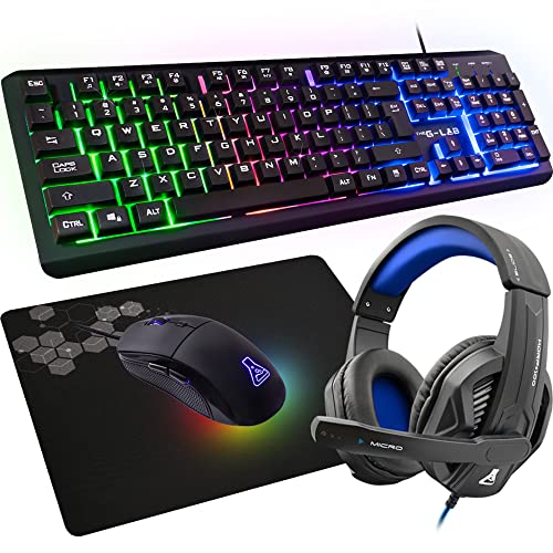 G-LAB Combo Selenium - 4-in-1 Gaming Pack - Illuminated QWERTZ Gamer Keyboard, 3200 DPI Player Mice, In-Ear Headphones, Non-Slip Mouse Mat - PC Mac PS4 PS5 Xbox One Player Set