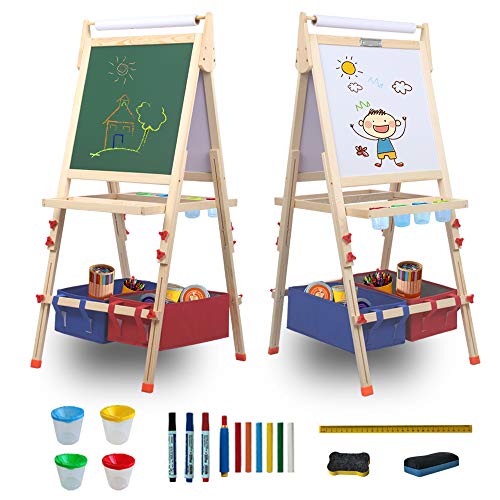 Kinder-Staffelei mit Papierrolle, doppelseitiges Whiteboard & Kreidetafel, Stehstaffelei mit anderem Zubehör für Kinder und Kleinkinder