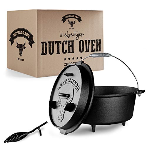 2x  BUFFALO BBQ® Eingebrannter Dutch Oven – Holländerofen mit Füßen und Deckel – Extrem Feuerfester – Inklusive Deckelheber Gusseisentopf – [9] Liter Fassungsvermögen – Oudoor & Indoor geeignet (9L)