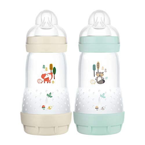 MAM Easy Start Anti-Colic Elements Babyflasche im 2er-Set (260 ml), Milchflasche für die Kombination mit dem Stillen, Baby Trinkflasche mit Bodenventil gegen Koliken, 0+ Monate, Fuchs/Waschbär