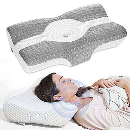 Elviros Zervikale Orthopädisches Kopfkissen aus Memory-Schaum abnehmbares ergonomisches Nackenhörnchen für Nacken- und Schulterschmerzen Nackenstützkissen für Seitenschläfer, 58 x 12/10 x 38 cm, Grau