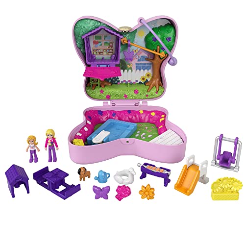 Polly Pocket GTN21 - Schmetterlingsgarten-Schatulle, 2 kleine Puppen, 5 Überraschungen, 13 Zubehörteile, Pop + Swap-Funktion, Spielzeug ab 4 Jahren