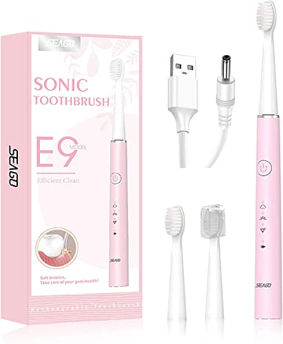 Seago E9 Elektrische Zahnbürste für Erwachsene Teenager, Schallzahnbürste mit 5 Reinigungsmodi, USB Wiederaufladbare Zahnbürste mit 2 Ersatzbürsten, Tragbare Zahnbürste (Rosa)