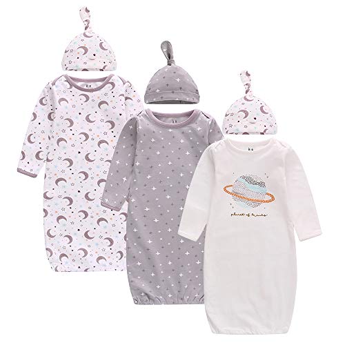 Baby Schlafanzug mit Langarm, Baby Nachthemd mit Mützen, 3er-Pack Schlafkleid Junge Mädchen, Baumwolle