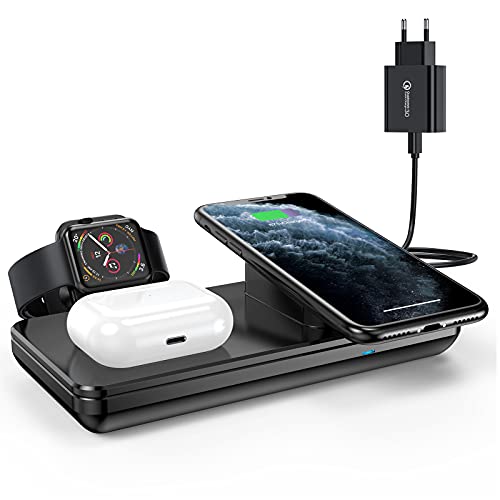 JOYEKY Wireless Charger 3 in 1 Induktive Ladestation Kompatibel für Apple Watch 5/4/3/2/1, iPhone 12/11 Pro Max/XS/XR/X/8/8 Plus, AirPods Pro, Kabellose Ladegerät mit QC3.0 Adapter