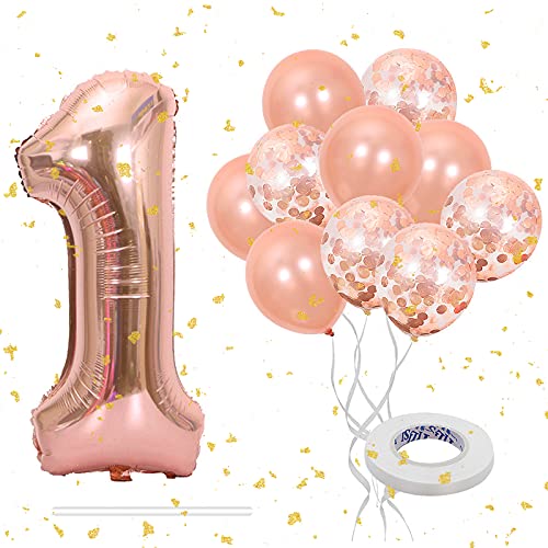 Luftballon 1. Geburtstag Rosegold, Geburtstagsdeko 1 Jahr, Deko 1 Geburtstag Junge, Riesen Folienballon Zahl 1 mit Roségold Latexballons, Roségold Konfetti Luftballons, Ballonbändern und Blasrohr