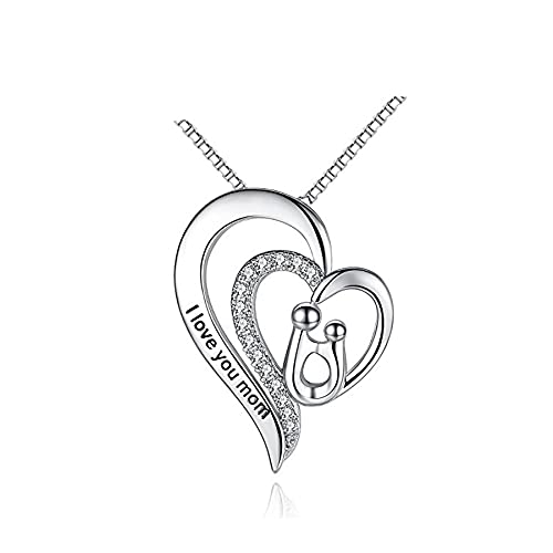 SNORSO Silber Damen Halskette, 925 Sterling Silber Herz Halskette für Mutter, Silber I Love You Mom Geschenk Halskette, Silber Herz Anhänger Geschenk für Mutti zum Weihnachten Geburtstag Muttertag