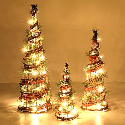 Roylvan Kegel Weihnachtsbaum Lichter, 3 Stück Weihnachtsdeko Weihnachtsschmuck mit Rattan/Roten Beeren/Tannennadeln, LED Lichterkette Batteriebetrieb für Weihnachten Hochzeit Feiertags, 61cm/24Zoll