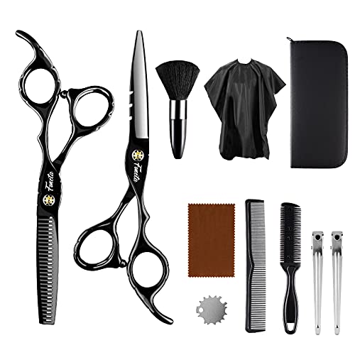 Foneta Haarschere Set Professionelle Scharfe Friseurschere mit Exquisit Geschnitzter Design für Haar & Bart Trimmen, 11 PCS Haarschneiden Schere für Frauen, Männer, Kinder, Haustiere, Familie, Friseur