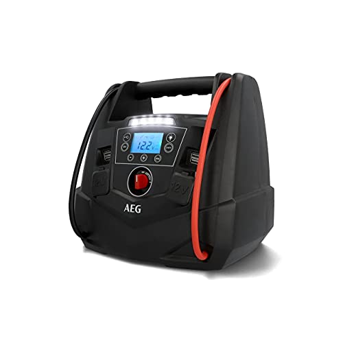 AEG Tragbare 12V Energiestation Auto Starthilfe, Powerstation mit Luftkompressor, 220V Spannungswandler, Steckdose,mit 4 USB