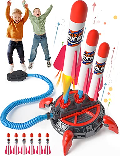 HOPOCO Spielzeug Raketenwerfer für Kinder, Upgrade 3 kontinuierliche Shots Launcher Design, Jump Rakete Launcher mit 6 Schaumstoff-Raketen, lustiges Outdoor-Spielzeug für Kinder, ab 3 Jahren