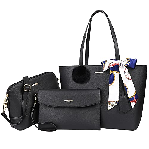 COCASES Handtasche Damen Schultertasche Shopper Große Umhängetasche Tragtasche Set 3-Teilige Handtaschen für Genschenk Büro Schule Einkauf Reise Schwarz