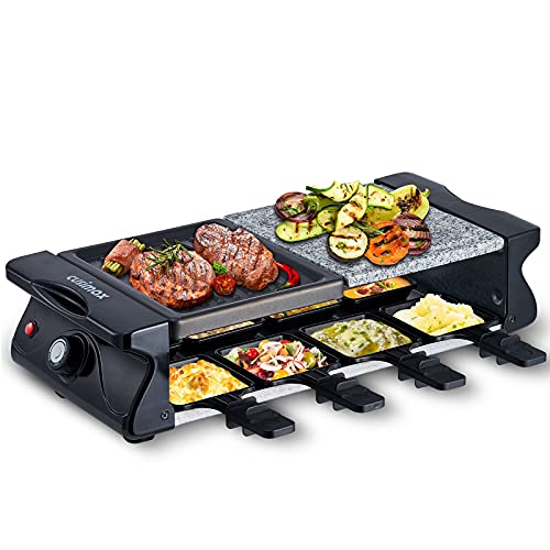 CUSIMAX Raclette Grill 8 Personen mit Steinplatte und Grillplatte Antihaftbeschichtung, Raclette 8 Personen mit Mini-Käsepfanne für Indoor Grillgut, Stufenlos einstellbare Temperatur, 1200W, Schwar