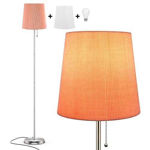 LED Stehlampe Wohnzimmer Modern, 150cm Led Stehleuchte, Led Standleuchte Zugschalter, Leselampe Stehlampe Schlafzimmer, Kinderzimmer, Esszimmer, Büro, Floor Lamp E27 Fassung, 2 Schirme rosa & weiß [Energieklasse G]