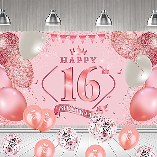 16.Geburtstagsfeier Dekorationen Banner Hintergrund, 16 Geburtstag Party Dekor für Frau Mädchen, Rosa Große Stoff Schild Poster zum Jahrestag Hintergrund Banner 16. Geburtstag Party Lieferunge