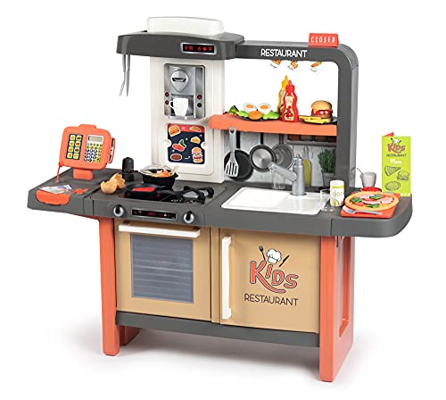 Smoby - Kids Restaurant - Kinderrestaurant mit vielen Spielbereichen und Elektronische Kochplatte, mit 63 Zubehörteilen, für Kinder ab 3 Jahren