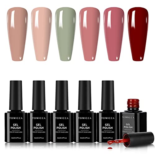 TOMICCA uv gel nagellack, 6 Farben Shellac Gel Nagellacke Set Nude Grün Rot Rosa Nagel Gel Soak Off UV Gel Nagellack Pastell Gelnägel Set Design für Nagelstudio Design DIY zu Hause