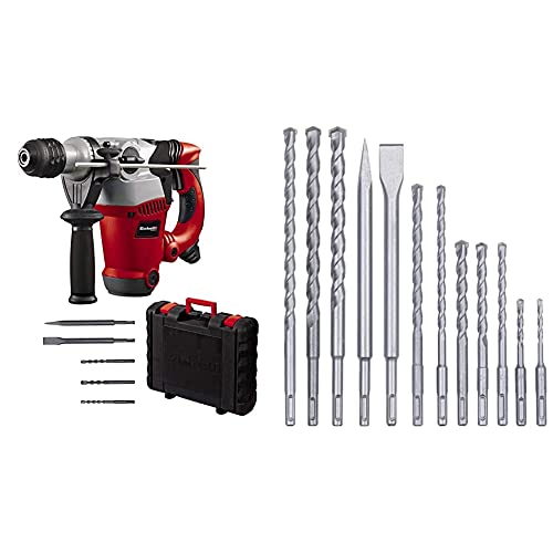 Einhell Bohrhammer RT-RH 32 (Bohren, Hammerbohren, Meißeln m. Meißelfixierung, Pneumatisches Schlagwerk, SDS-plus, inkl. 3 Bohrer, Spitz-/Flachmeißel, Koffer, 12-tlg. SDS-Plus Hammer Meißel-Set)